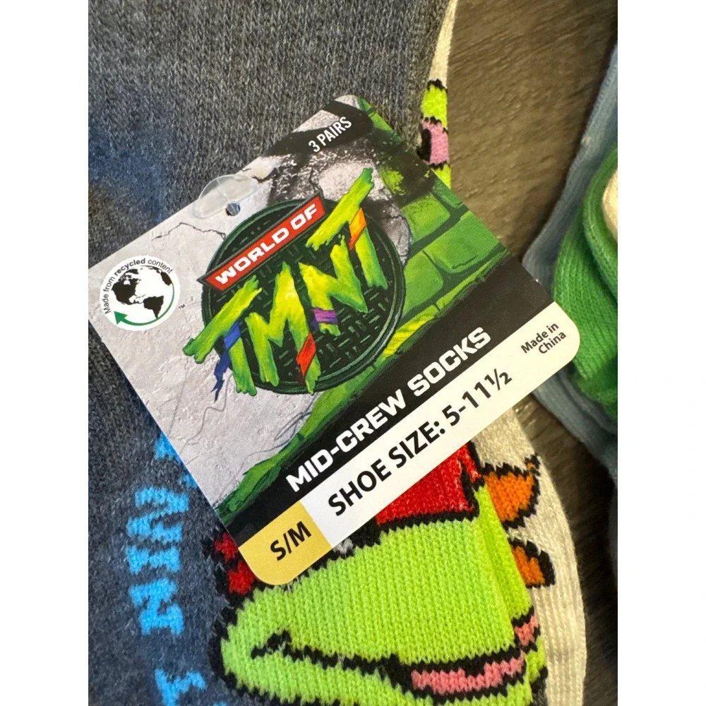 New Kids Super Mario and TMNT Mid-Crew Socks 3 Pack Bundle Size S/M 5-11.5